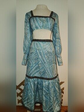 Rose Velvet Blue Paisley Long Sleeve Maxi Dress